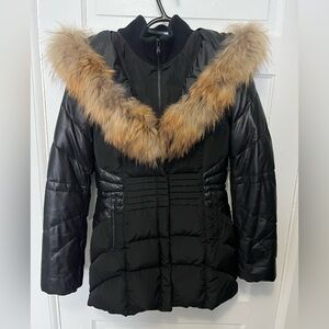 Danier Leather Duck Feather Down Filled Jacket with Real Raccoon Fur Hood